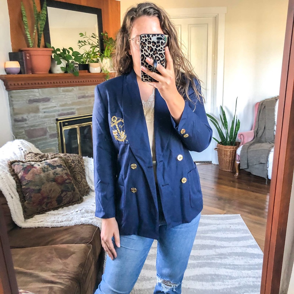 VINTAGE TALBOTS Women's Size 8P Navy Blue Linen Blend Blazer Jacket Embroidered